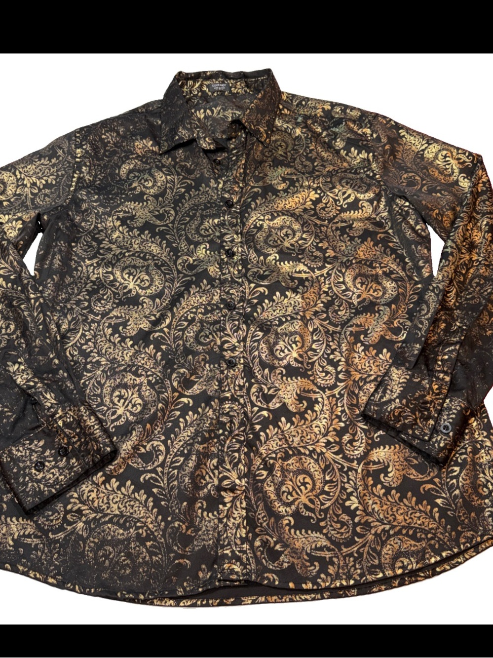 Coofandy Black Gold Metallic Button Up Long Sleeve Shirt Club Ornate Disco Men M